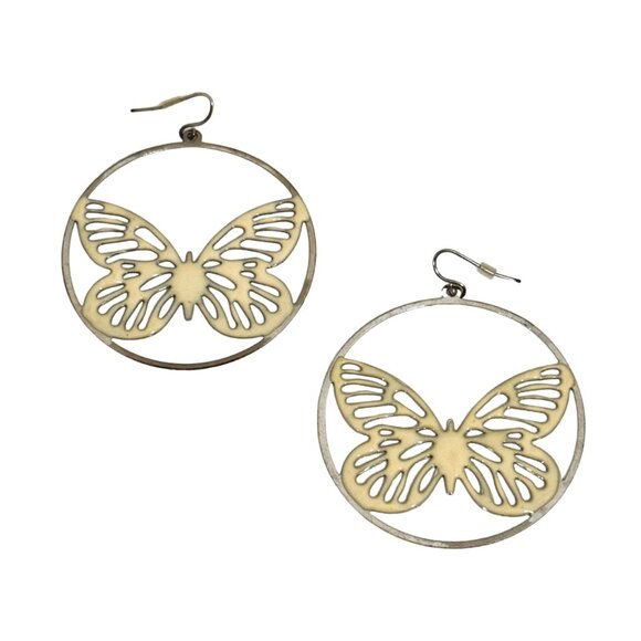 Vintage Enameled Large Hoop Butterfly Earrings - Silver Tone - 2 Inches - Picture 2 of 4